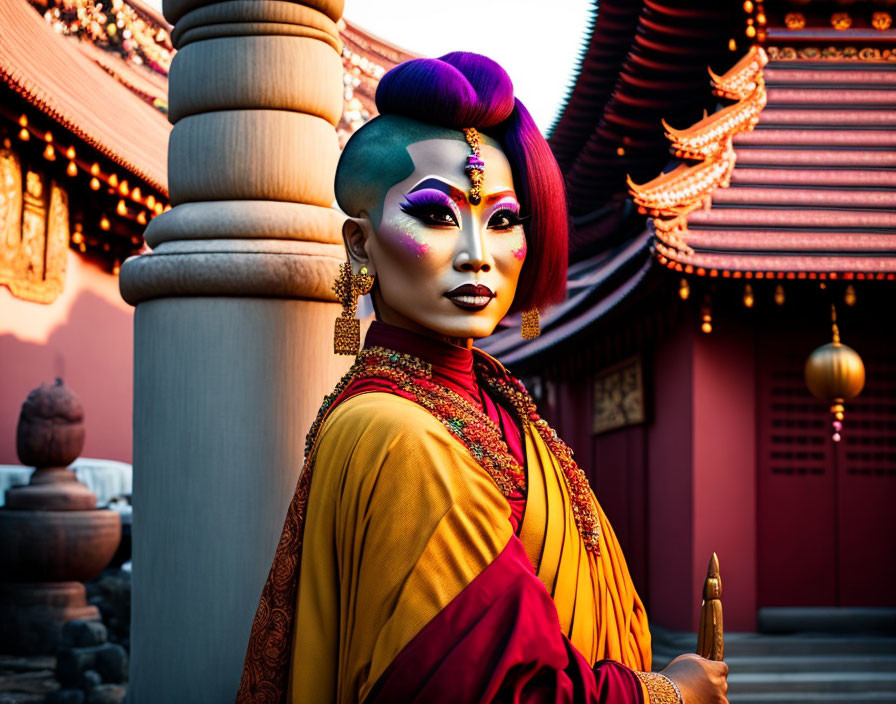 Colorful makeup and attire against temple backdrop