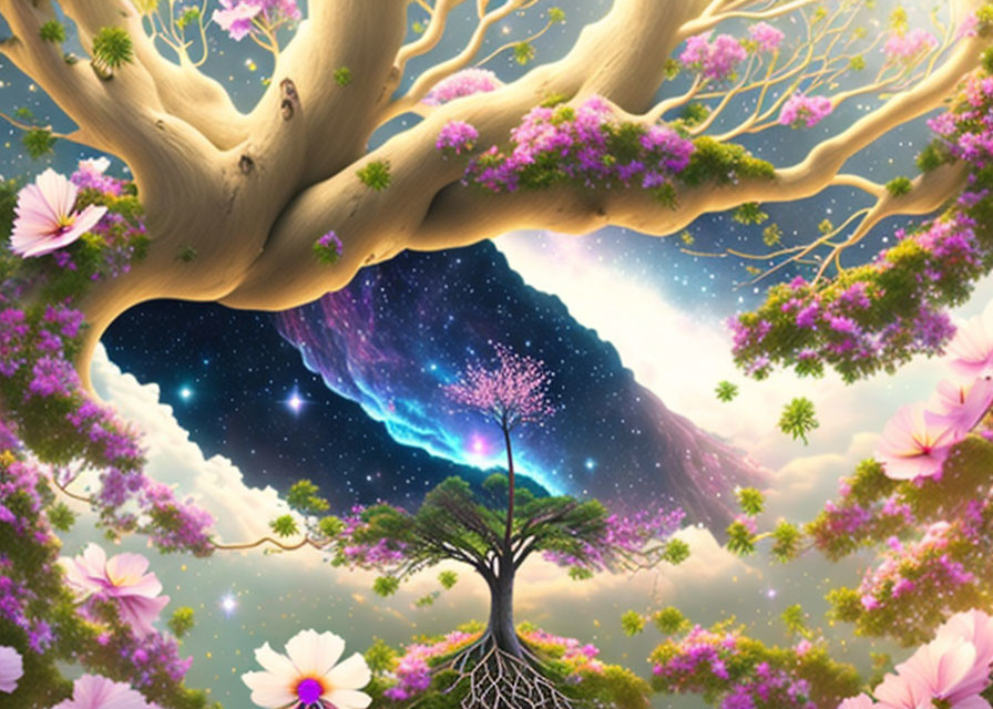 Whimsical tree artwork with vibrant purple blossoms and starry cosmos branches.