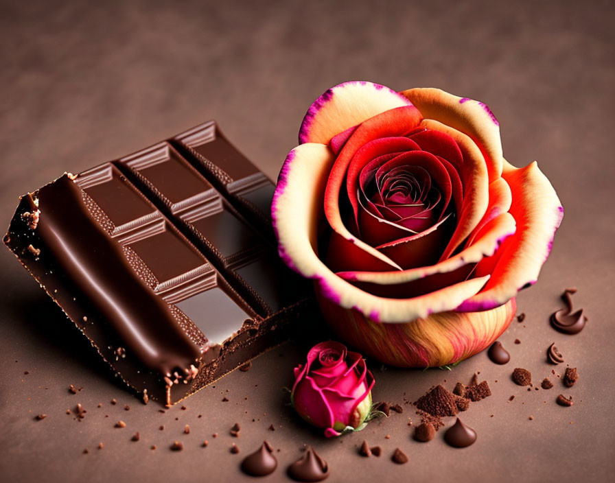 Large Chocolate Bar with Bite Next to Multicolored Rose and Shavings