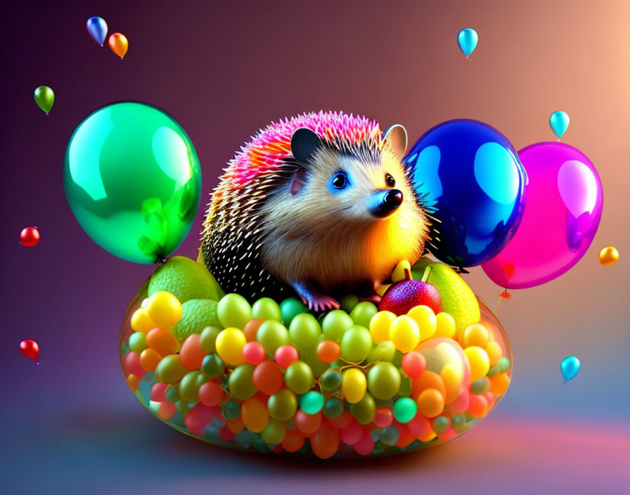 Vibrant Hedgehog with Candy and Balloons Illustration