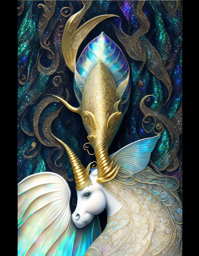 Mystical creature with unicorn head and fish tail in gold against cosmic backdrop