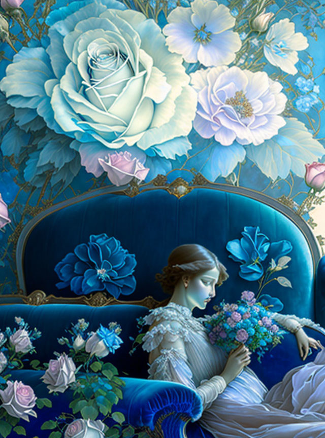 Detailed illustration of woman in blue dress on floral patterned blue couch