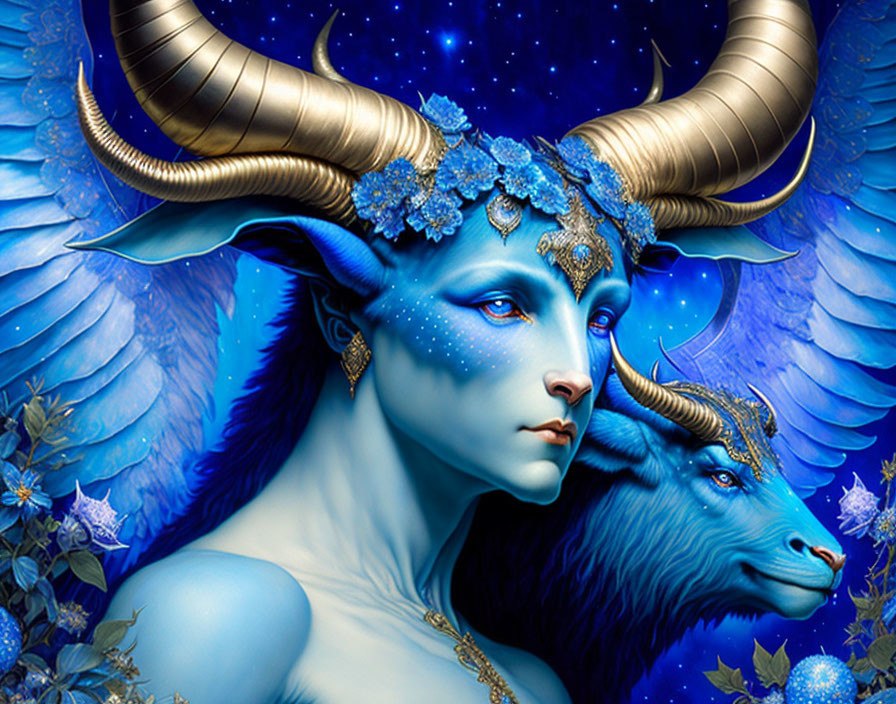 Blue-skinned winged humanoid and creature with jewelry in fantasy illustration