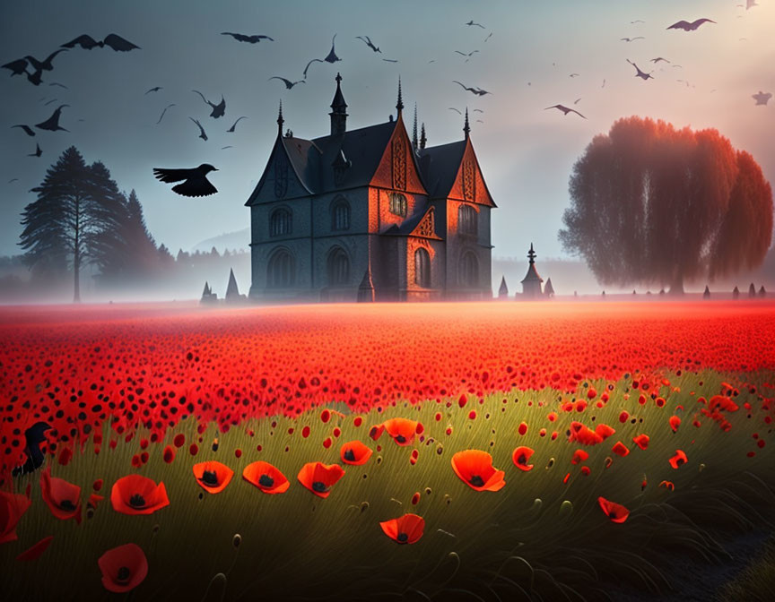 Gothic-style mansion in red poppy field at dusk