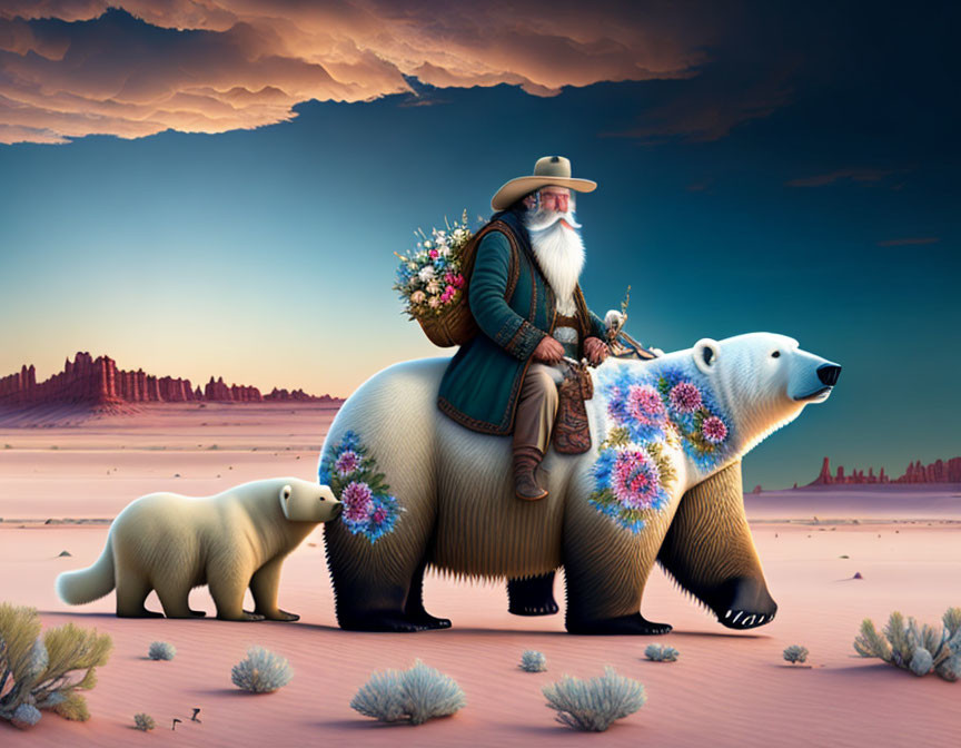 Elderly man on polar bear with cub in surreal desert landscape