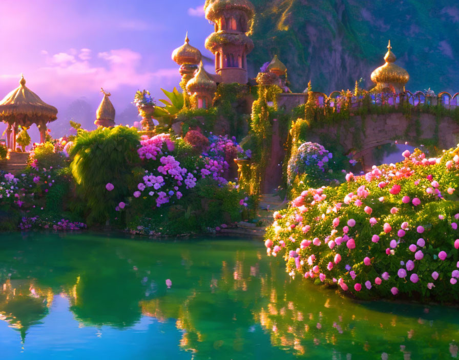 Vibrant flowers, tranquil river, exotic architecture: Golden domes in purple sky