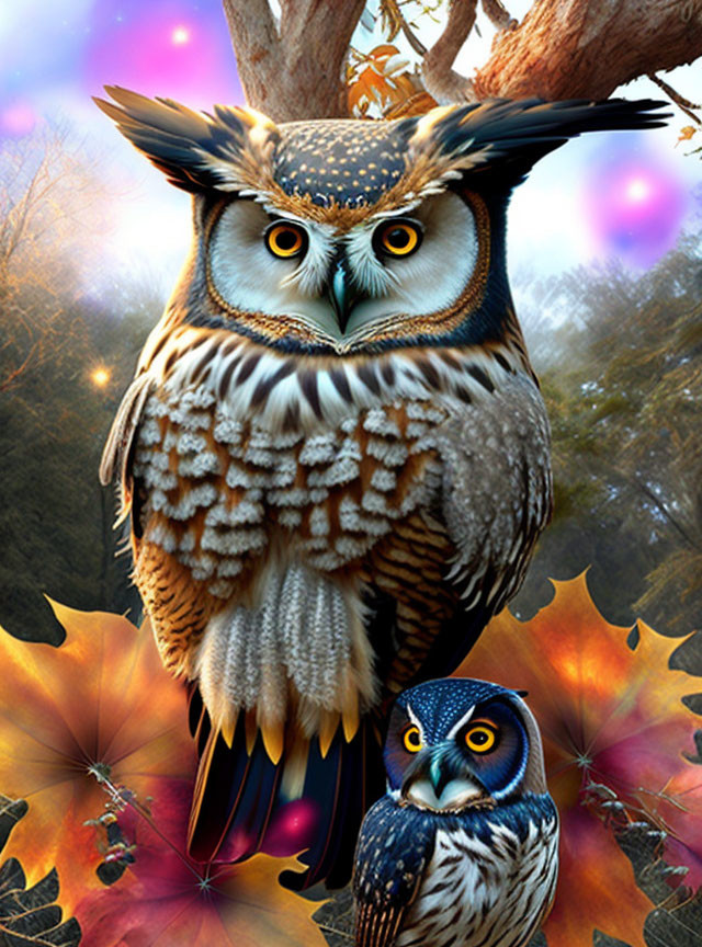 Digitally composed image of stylized owls in autumnal setting