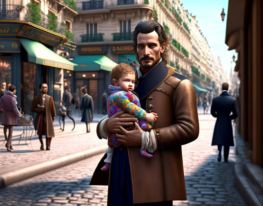 3D-rendered image of man in military uniform holding baby on city street