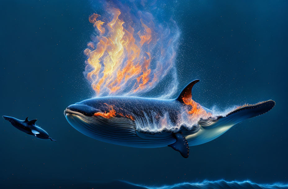 Surreal image of flaming whale in blue ocean