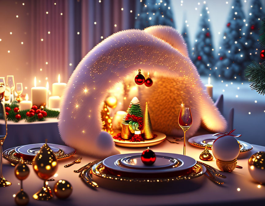 Festive Christmas dinner table with glittering arch and snowy tree view