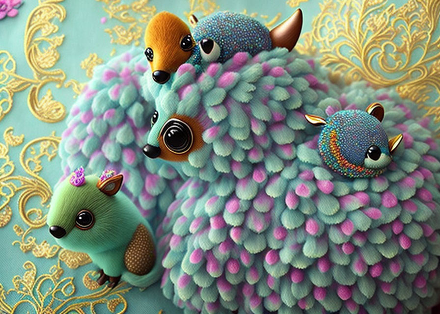 Whimsical creatures with fluffy bodies and big eyes on textured background