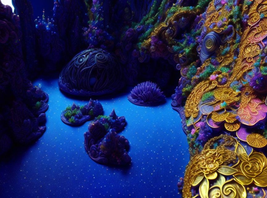 Neon-lit underwater scene with glowing coral and sea anemones