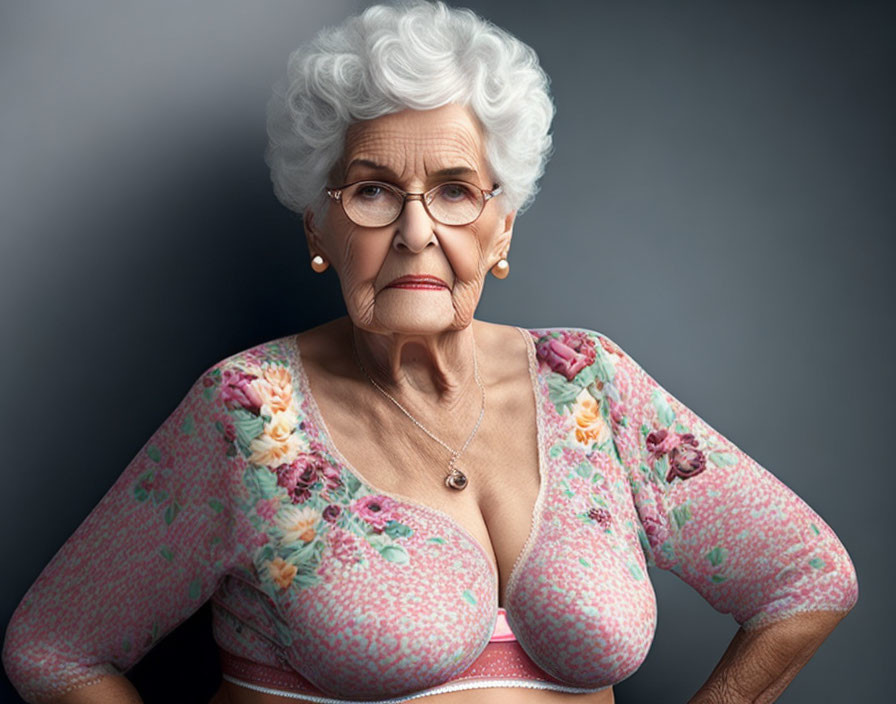 Elderly Lady with Glasses and Floral Tattoo on Arms in Stern Pose