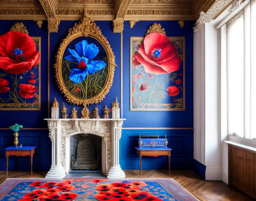 Luxurious Royal Blue Room with Floral Paintings and Gold Detailing