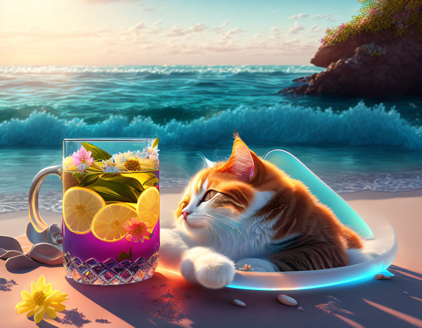 Ginger Cat Napping on Sunlit Beach with Citrus and Flower Drink