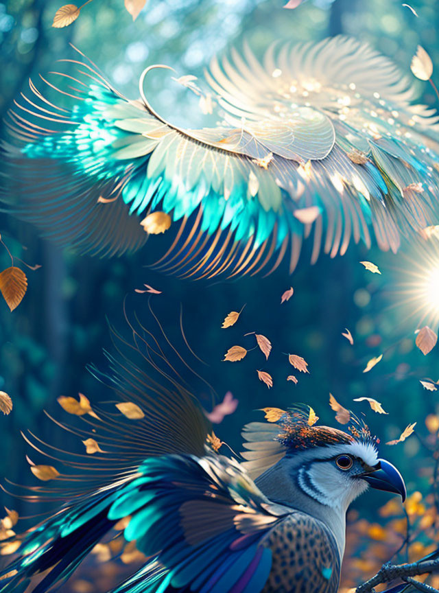 Colorful Bird with Elaborate Feathers in Sunlit Forest with Autumn Leaves