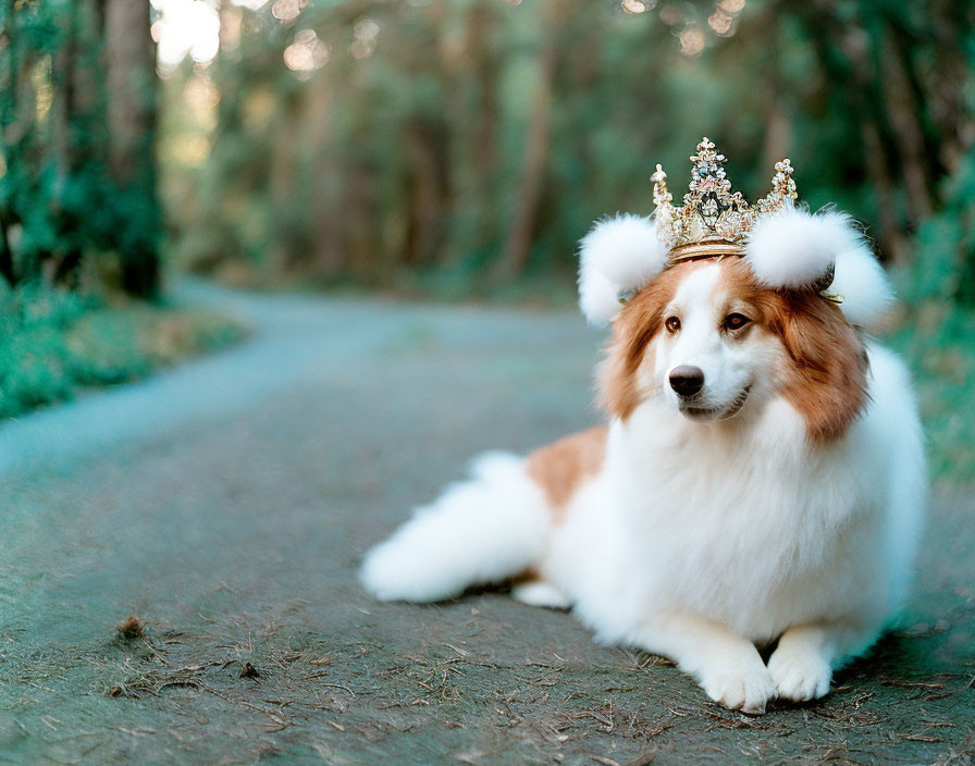 Regal Shetland Sheepdog with Crown in Forest Setting