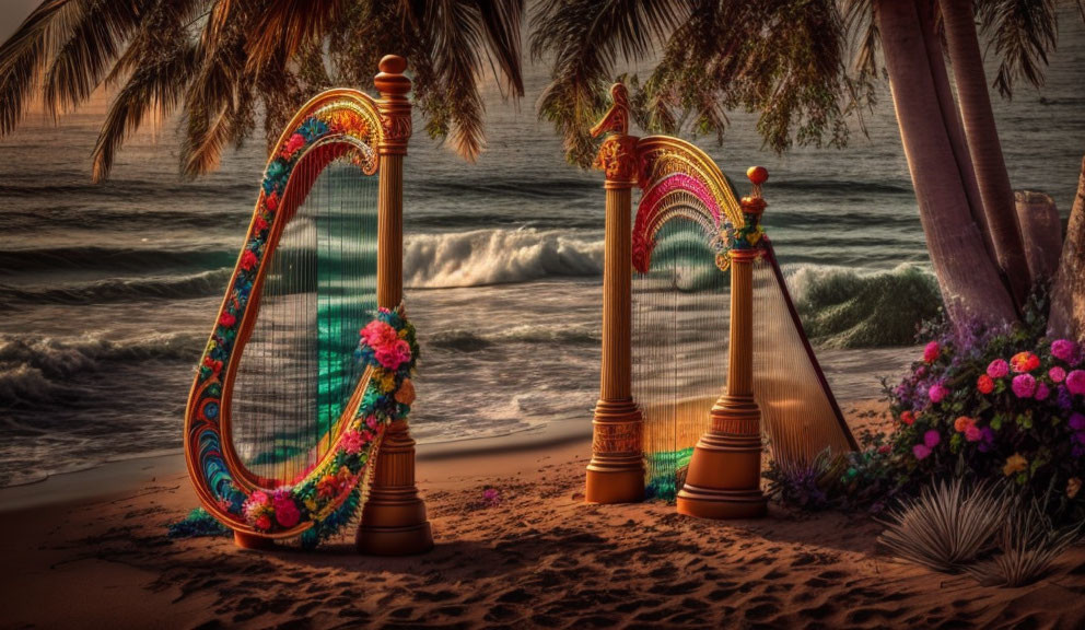 Ornate harps with flowers on sandy beach at sunset