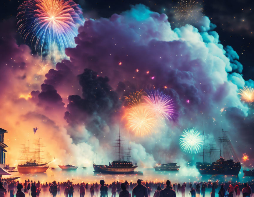 Colorful fireworks illuminate harbor at twilight