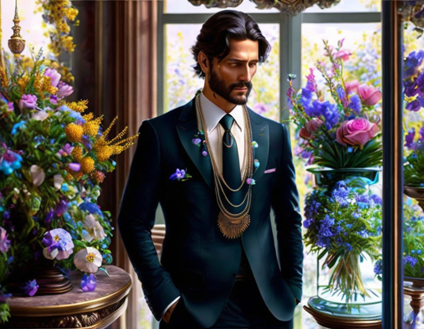 Sophisticated man in navy suit in vibrant floral room