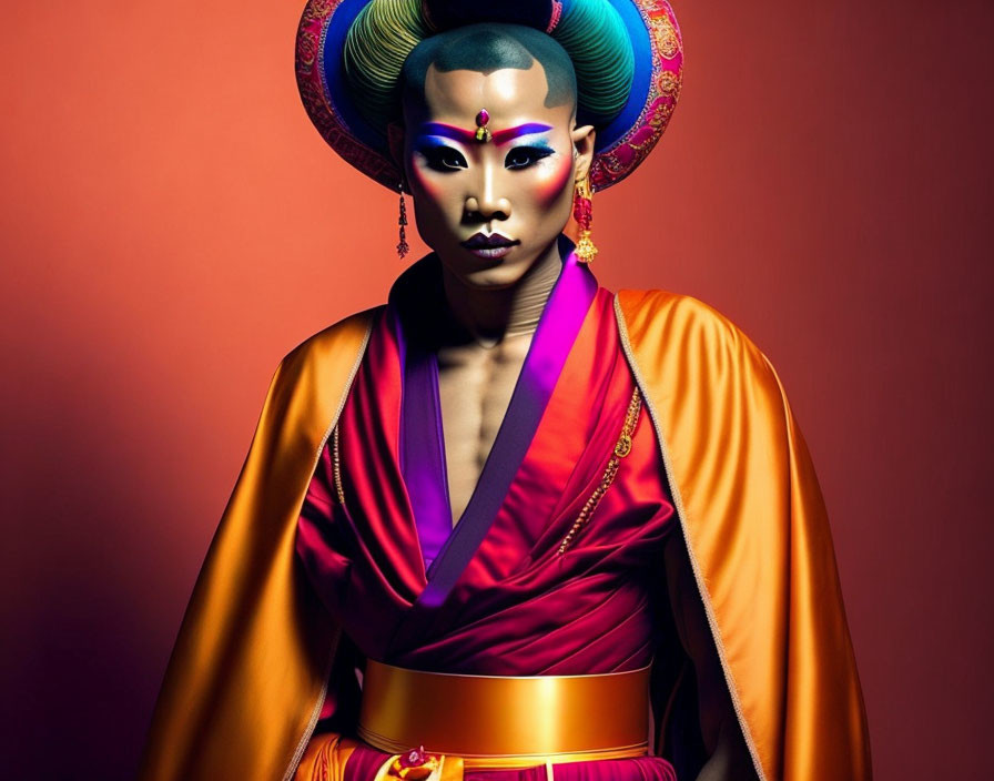 Person in dramatic makeup and oriental attire on red background