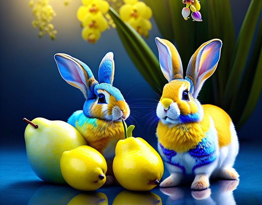 Colorful Rabbits with Blue Jay Pattern Among Yellow Pears and Flowers