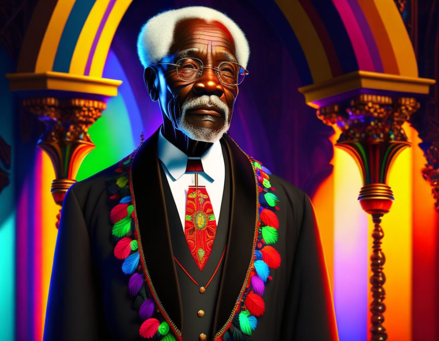 Elder man in colorful lei and black suit against neon-lit backdrop