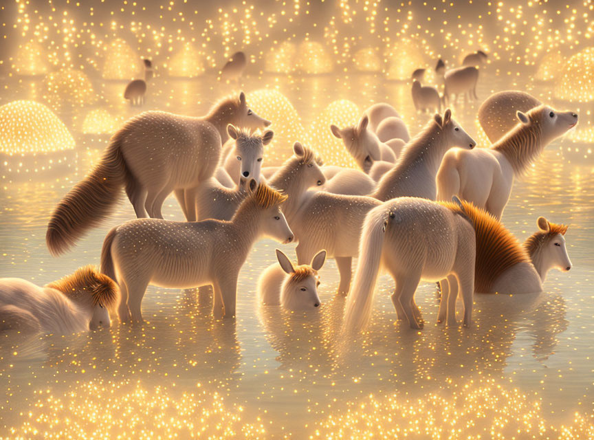 Ethereal white horses in golden-lit fantasy scene