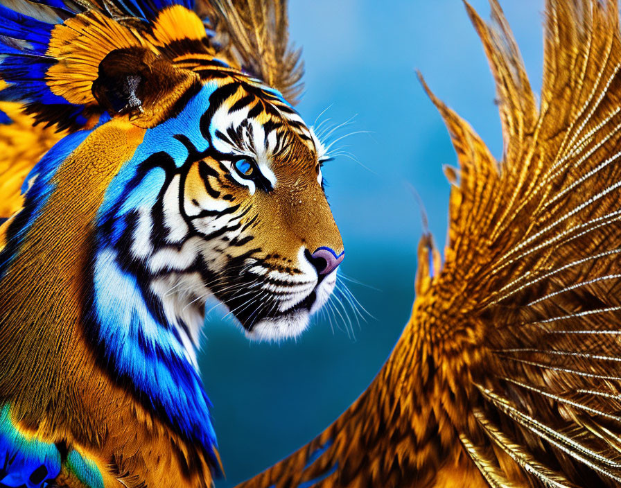 Colorful tiger-peacock fusion art on blue background