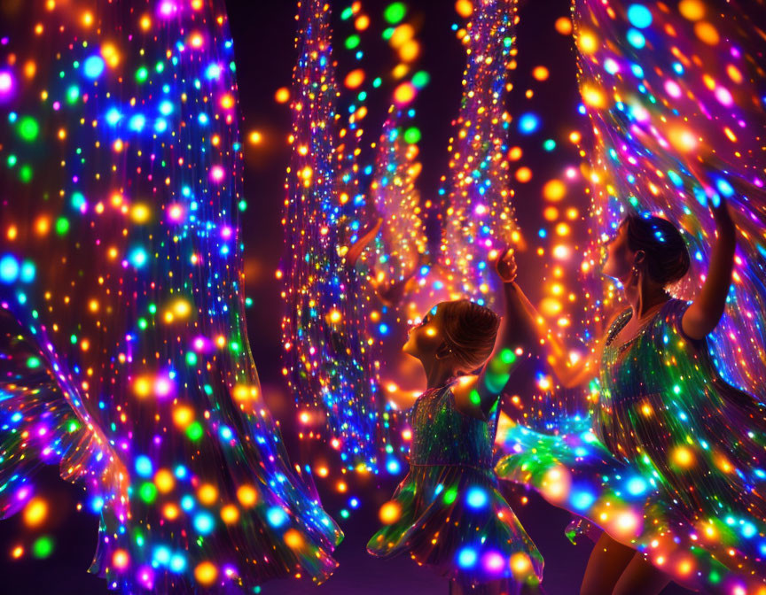 Children in Glowing Dresses Playing with Colorful Lights