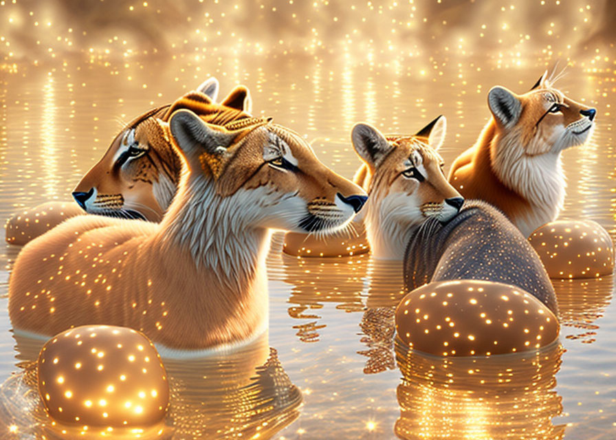 Illustrated cheetahs in golden water with glowing orbs on starry backdrop