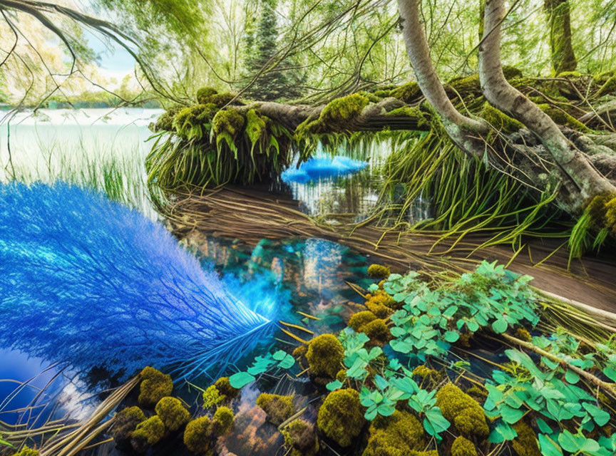 Serene forest landscape with mossy tree, clear blue river, and vibrant underwater plants