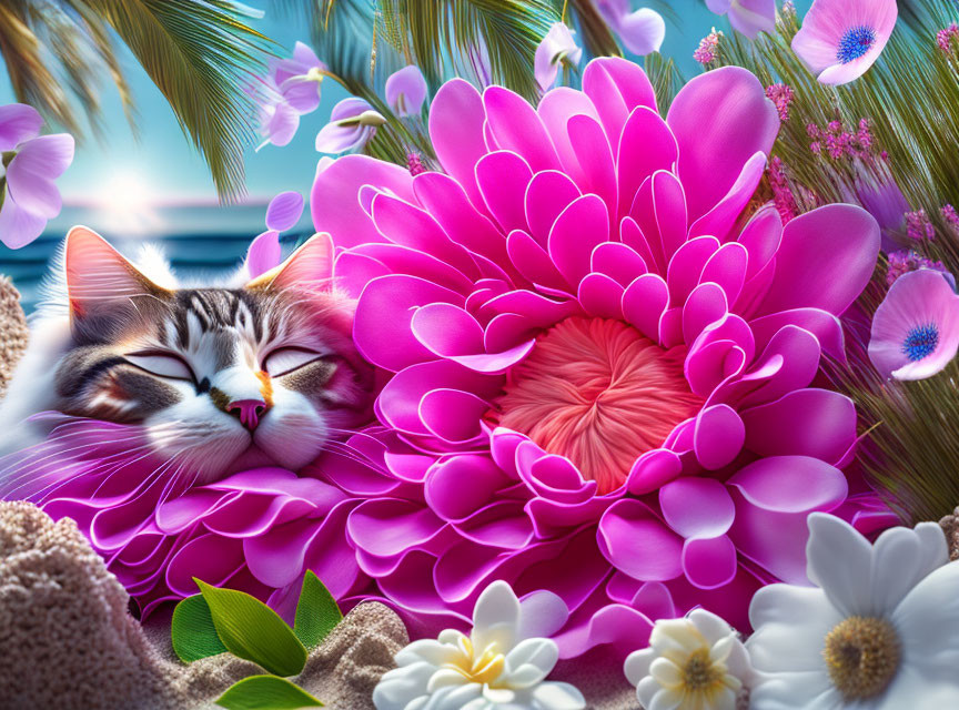 Cat Sleeping in Pink Flower Surrounded by Blossoms and Palm Leaves