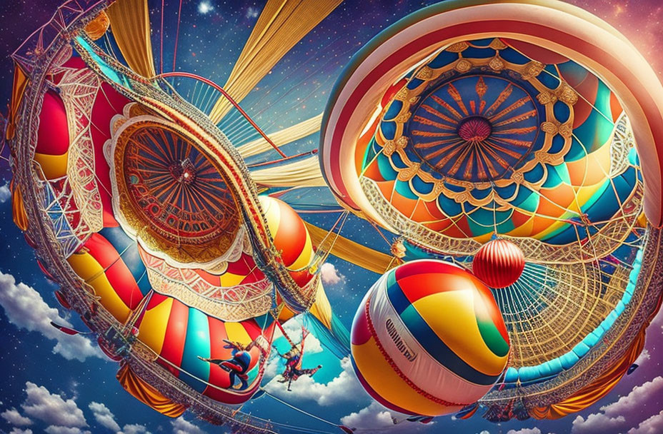 Colorful surreal art: ornate hot air balloons, intricate designs, bridges, whimsical activities.