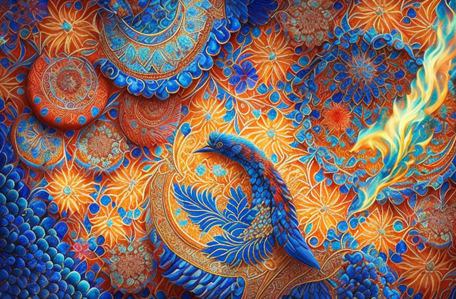 Colorful Artwork: Blue Peacock in Ornate Patterns, Orange and Blue Tones