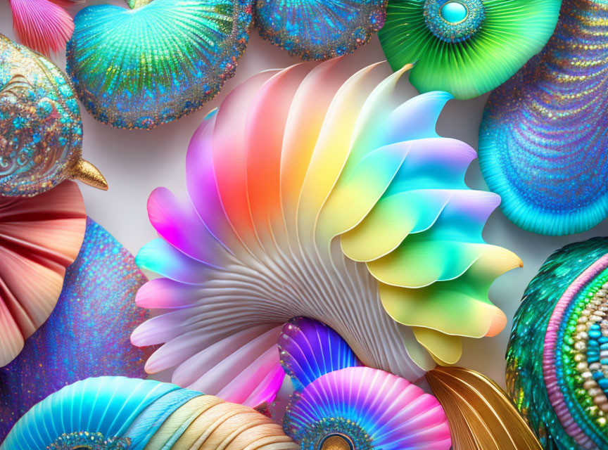 Vibrant decorative seashells with iridescent textures on white background