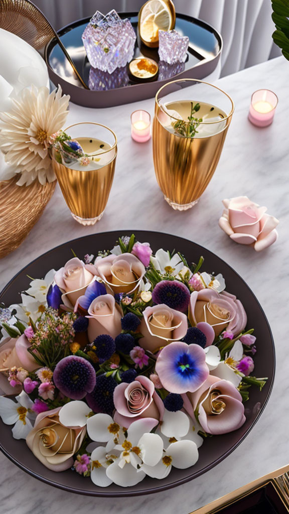 Elegant table setting with pink roses, purple flowers, gold glasses, candles, lemon slices