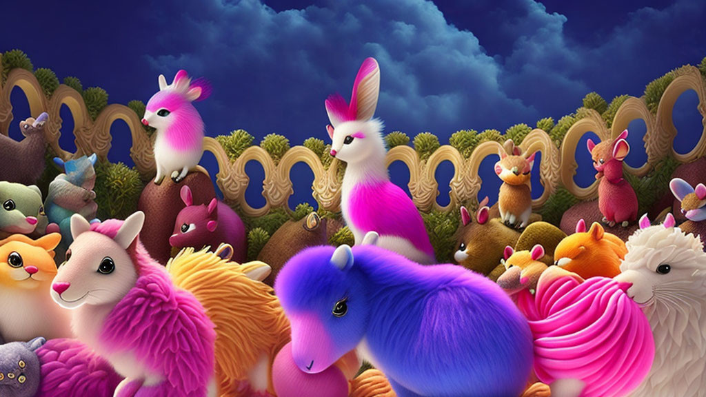 Colorful Fantasy Animals Gathering Under Dramatic Sky