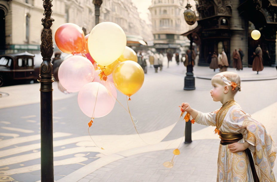 Child in Floral Dress Reaching for Colorful Balloons on City Sidewalk