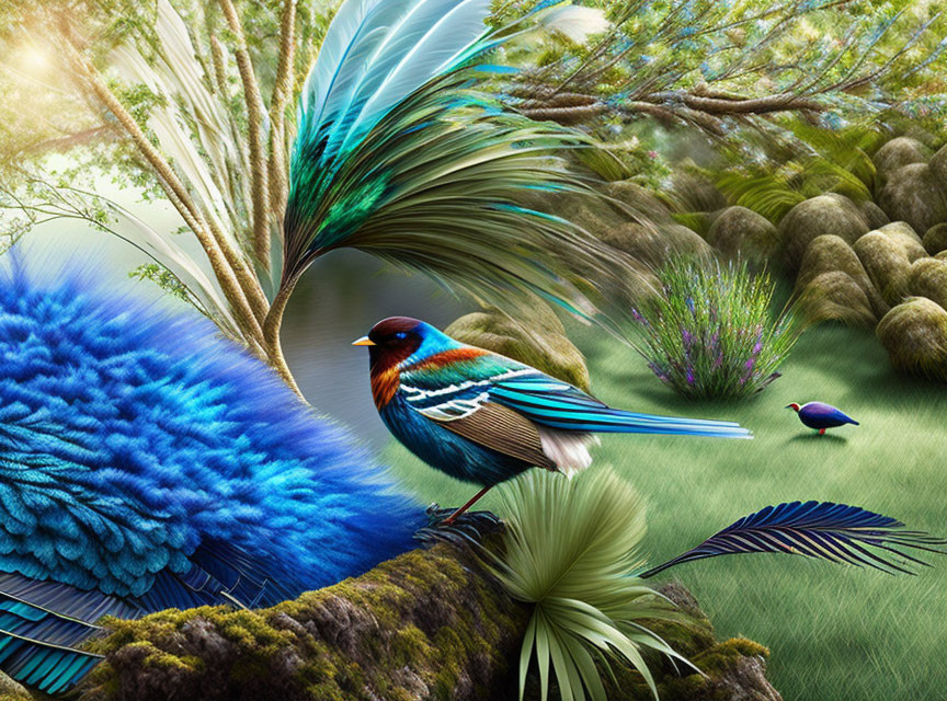 Colorful fantastical bird with peacock-like feathers in lush green forest setting