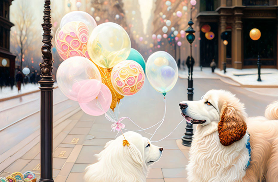 Fluffy dogs with colorful balloons on city street