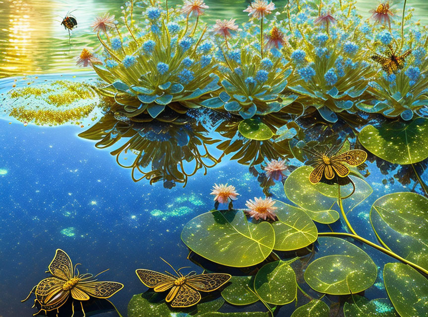 Illustration: Magical Pond with Blue Flowers and Dragonflies