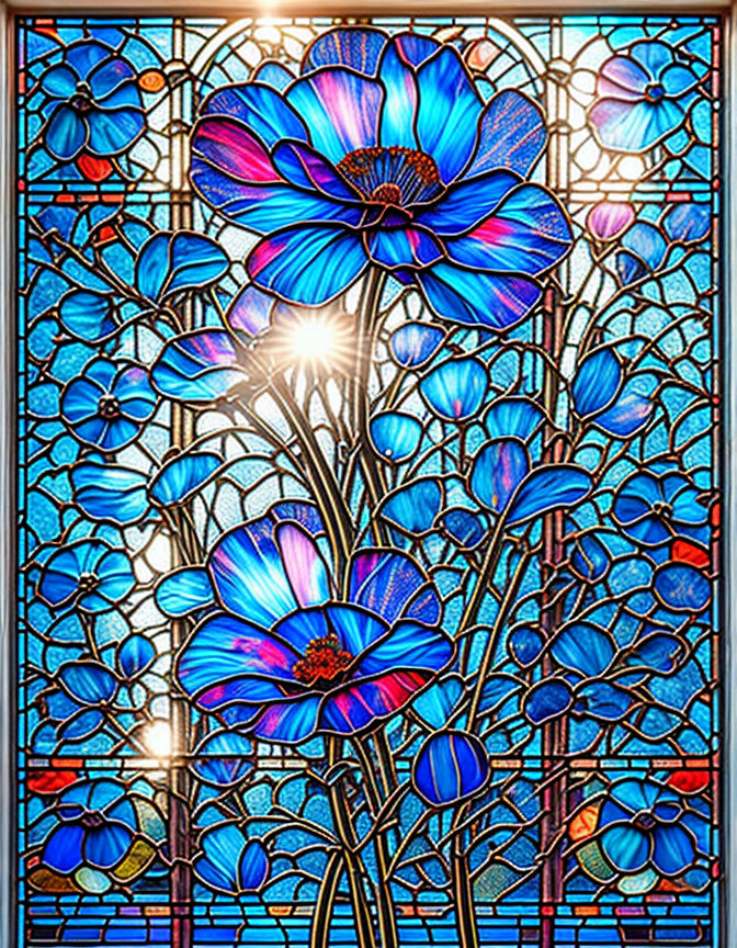 Colorful Stained Glass Window with Blue Flowers and Radiant Light