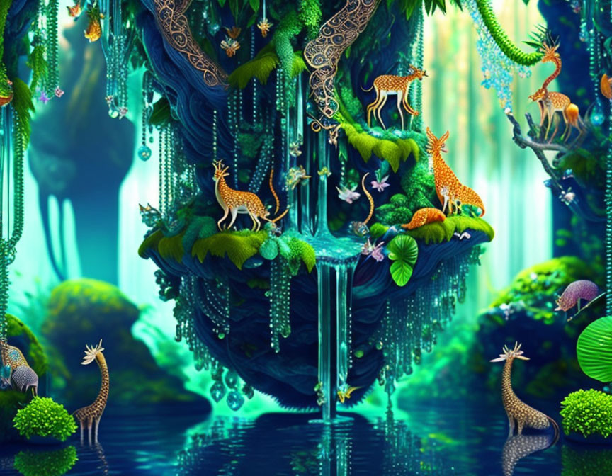 Fantasy forest with floating islands, waterfalls, exotic flora, and luminescent wildlife