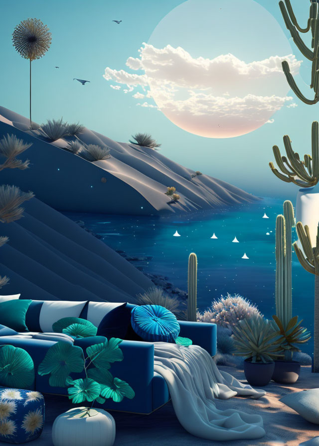 Surrealistic landscape with cacti, river, hills, and outdoor seating area.