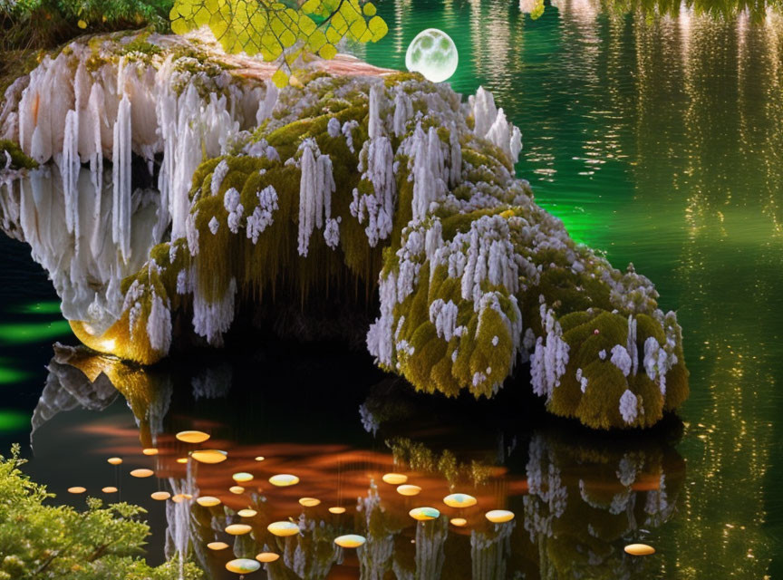 Moss-covered rock overhang with icicles and luminescent mushrooms