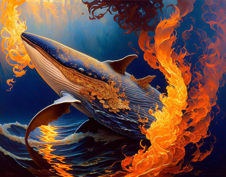 Whale painting with gold patterns in fiery water scene