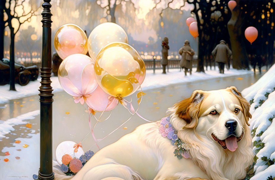 Golden retriever with colorful balloons in snowy setting