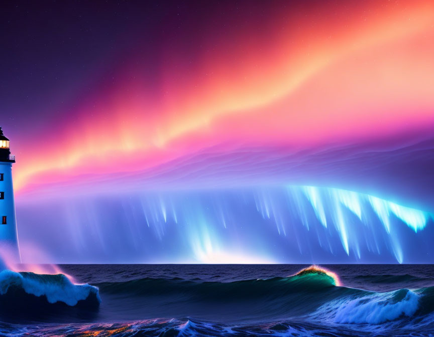 Lighthouse by turbulent sea under vibrant pink and blue aurora sky