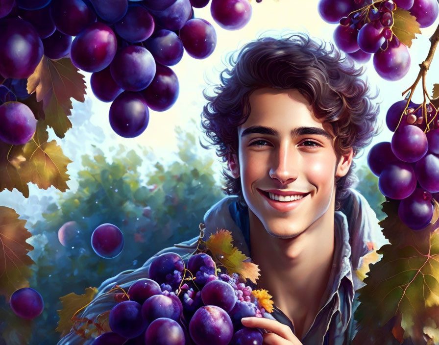 Smiling young man with curly hair holding grapes in vineyard.